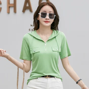 #0220 Серая розовая Зеленая Белая футболка с капюшоном для женщин, тонкая короткая футболка на молнии, женская летняя женская футболка с коротким рукавом 0