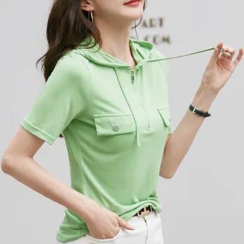 #0220 Серая розовая Зеленая Белая футболка с капюшоном для женщин, тонкая короткая футболка на молнии, женская летняя женская футболка с коротким рукавом 1