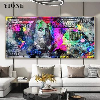 100 Долларов Настенная живопись Абстрактные цветные бумажные деньги Печать на холсте Вдохновляющий офисный плакат Картина Домашний декор с рамкой