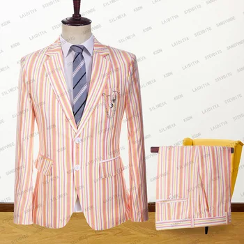 2023 Летний мужской костюм для отдыха, белый, оранжевый, красный, в полоску, льняной с лацканами, Официальный деловой комплект из 2 предметов, модная куртка и брюки