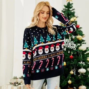 2024 Зимний вязаный женский свитер, Вязаный Свободный пуловер, женский джемпер, Весенний Новогодний теплый утолщенный Модный Рождественский свитер 1