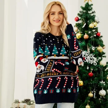 2024 Зимний вязаный женский свитер, Вязаный Свободный пуловер, женский джемпер, Весенний Новогодний теплый утолщенный Модный Рождественский свитер 3