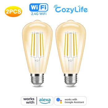2ШТ Умная лампа накаливания ST64 E27 WiFi светодиодная лампа в стиле ретро приложение CozyLife с регулируемой яркостью Теплый белый Голос Работает с Alexa Google 0