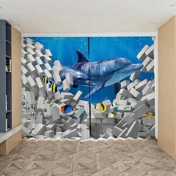 3D Трехмерная ломаная стена с животным рисунком, плотные шторы с затенением океанских дельфинов, занавеска для детской спальни