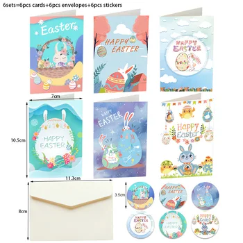 6 Комплектов Пасхальных Поздравительных открыток с Милым Мультяшным Кроликом, Поздравительных открыток, креативных открыток с наклейками на конверт 0