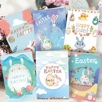 6 Комплектов Пасхальных Поздравительных открыток с Милым Мультяшным Кроликом, Поздравительных открыток, креативных открыток с наклейками на конверт 1