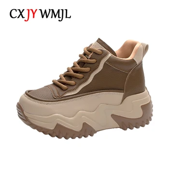CXJYWMJL/ женские кроссовки с высоким берцем из натуральной кожи, осенне-зимние кроссовки на танкетке, повседневная вулканизированная обувь на платформе, обувь на толстой подошве на шнуровке