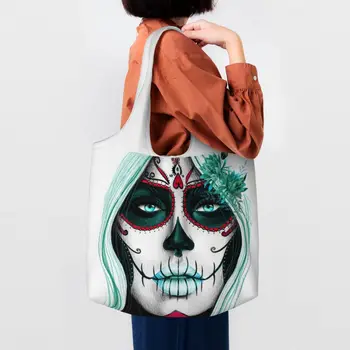 Day Of The Dead Sugar Skull Girl Shopping Tote Bag Многоразовая Сумка Ужасов в Мексиканском стиле Calavera Catrina Grocery, Холщовая Сумка Для покупок Через плечо