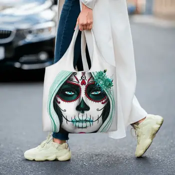 Day Of The Dead Sugar Skull Girl Shopping Tote Bag Многоразовая Сумка Ужасов в Мексиканском стиле Calavera Catrina Grocery, Холщовая Сумка Для покупок Через плечо 5