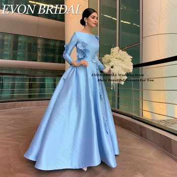 EVON BRIDAL, Саудовская Аравия, Женские платья для выпускного вечера, синие платья с длинными рукавами и цветами, вечернее платье трапециевидной формы из атласа.