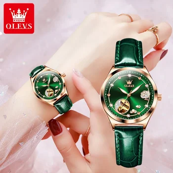 OLEVS 6601 Водонепроницаемые женские наручные часы высокого качества с ремешком из натуральной кожи, модные автоматические механические часы для женщин