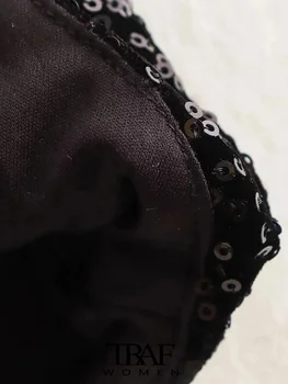 TRAF Женские модные укороченные топы с блестками, Сексуальные женские майки с открытой спиной и коротким вырезом Mujer 5