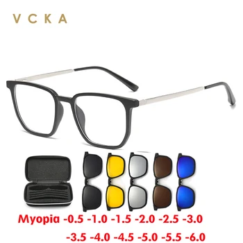 VCKA Близорукость, Солнцезащитные очки с магнитным зажимом, женская оправа для очков, мужские оптические очки по рецепту, Прямоугольная поляризация ОТ -0,5 ДО -6,0