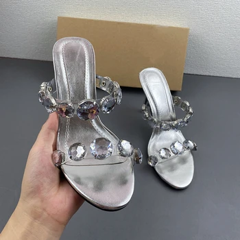 ZA Shoes, Летняя новая женская обувь, серебристый кристалл, бриллианты, высокие каблуки, круглый носок, ремешки сзади, пустые модные универсальные босоножки 1