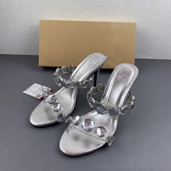 ZA Shoes, Летняя новая женская обувь, серебристый кристалл, бриллианты, высокие каблуки, круглый носок, ремешки сзади, пустые модные универсальные босоножки 2
