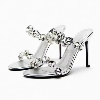 ZA Shoes, Летняя новая женская обувь, серебристый кристалл, бриллианты, высокие каблуки, круглый носок, ремешки сзади, пустые модные универсальные босоножки 4