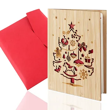 Бамбуковая открытка в виде рождественской елки с конвертом, деревянная Рождественская открытка с декором, 1 упаковка | 6 дюймов в длину и 4,3 дюйма в ширину 0