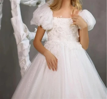 Белое тюлевое пышное платье в цветочек с блестящей аппликацией, свадебное платье с коротким рукавом, одежда для первого евхаристического дня рождения ребенка