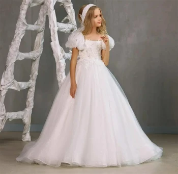 Белое тюлевое пышное платье в цветочек с блестящей аппликацией, свадебное платье с коротким рукавом, одежда для первого евхаристического дня рождения ребенка 1