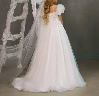 Белое тюлевое пышное платье в цветочек с блестящей аппликацией, свадебное платье с коротким рукавом, одежда для первого евхаристического дня рождения ребенка 2