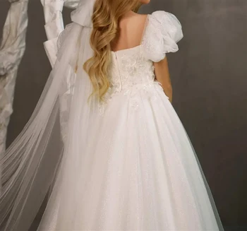 Белое тюлевое пышное платье в цветочек с блестящей аппликацией, свадебное платье с коротким рукавом, одежда для первого евхаристического дня рождения ребенка 3