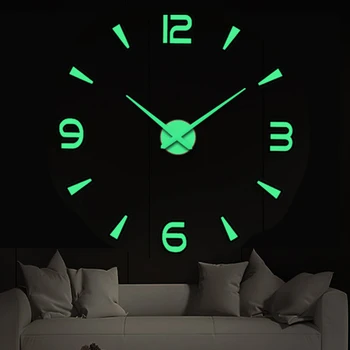 Большие 3D настенные часы Светящиеся бескаркасные настенные часы DIY Цифровые часы без перфорации Наклейки на стену Акриловые бесшумные кварцевые часы 0