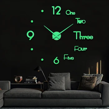 Большие 3D настенные часы Светящиеся бескаркасные настенные часы DIY Цифровые часы без перфорации Наклейки на стену Акриловые бесшумные кварцевые часы 1