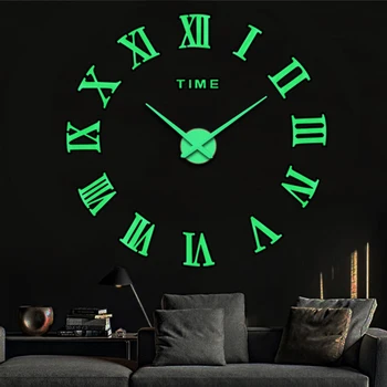 Большие 3D настенные часы Светящиеся бескаркасные настенные часы DIY Цифровые часы без перфорации Наклейки на стену Акриловые бесшумные кварцевые часы 2