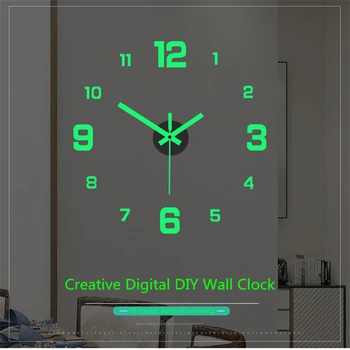 Большие 3D настенные часы Светящиеся бескаркасные настенные часы DIY Цифровые часы без перфорации Наклейки на стену Акриловые бесшумные кварцевые часы 3