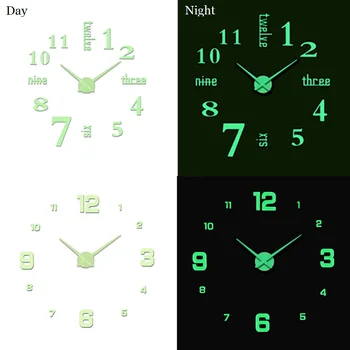 Большие 3D настенные часы Светящиеся бескаркасные настенные часы DIY Цифровые часы без перфорации Наклейки на стену Акриловые бесшумные кварцевые часы 5