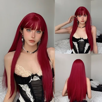 Винно-красный шелковистый длинный прямой синтетический парик для косплея на Хэллоуин Парик с пушистой челкой для вечеринки из натуральных волос для женщин термостойкий