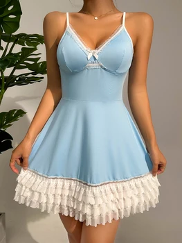 Винтажная женская ночная рубашка, синее сексуальное кружевное платье с V-образным вырезом и ремешком, пижамы, удобная и милая пижамная ночная рубашка 0