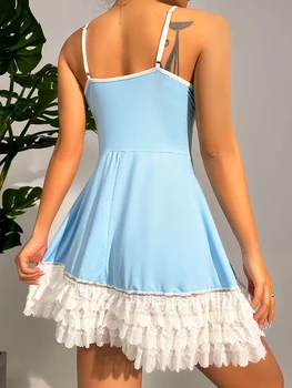 Винтажная женская ночная рубашка, синее сексуальное кружевное платье с V-образным вырезом и ремешком, пижамы, удобная и милая пижамная ночная рубашка 4