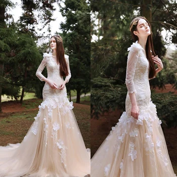 Винтажные кружевные свадебные платья Русалки с длинным рукавом vestido de novia, свадебные платья с V-образным вырезом и аппликациями 0