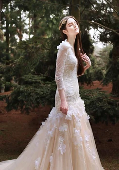 Винтажные кружевные свадебные платья Русалки с длинным рукавом vestido de novia, свадебные платья с V-образным вырезом и аппликациями 1