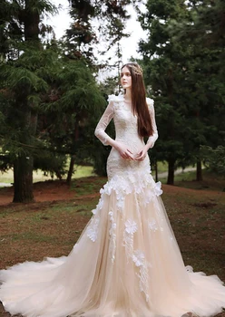 Винтажные кружевные свадебные платья Русалки с длинным рукавом vestido de novia, свадебные платья с V-образным вырезом и аппликациями 2