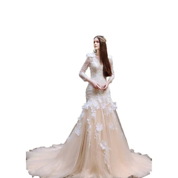 Винтажные кружевные свадебные платья Русалки с длинным рукавом vestido de novia, свадебные платья с V-образным вырезом и аппликациями 3