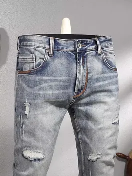 Винтажные модные мужские джинсы высокого качества, выстиранные в стиле ретро, синие, стрейчевые, приталенные, рваные джинсы, мужские повседневные дизайнерские джинсовые брюки Hombre 1