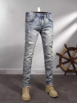 Винтажные модные мужские джинсы высокого качества, выстиранные в стиле ретро, синие, стрейчевые, приталенные, рваные джинсы, мужские повседневные дизайнерские джинсовые брюки Hombre 3