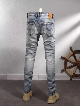 Винтажные модные мужские джинсы высокого качества, выстиранные в стиле ретро, синие, стрейчевые, приталенные, рваные джинсы, мужские повседневные дизайнерские джинсовые брюки Hombre 4