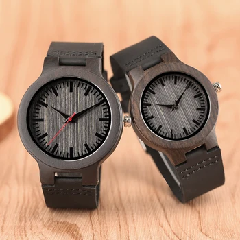 Винтажные часы из натуральной кожи черного дерева для мужчин и женщин, стильные повседневные часы для пары, красные секундные стрелки, простой циферблат, деревянные наручные часы 0