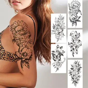 Временные татуировки с 3D цветами на половину рукава Для женщин и девочек, Черные бабочки, Гвоздики, Наклейка с татуировкой Пиона, поддельные Татуировки, Водонепроницаемые