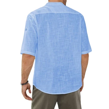 Высококачественная мужская рубашка, рубашка с коротким рукавом, воротник-стойка, застежка на пуговицы, однотонные летние топы для повседневной носки 2