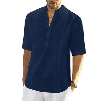 Высококачественная мужская рубашка, рубашка с коротким рукавом, воротник-стойка, застежка на пуговицы, однотонные летние топы для повседневной носки 5