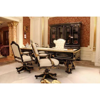 Высококачественный Классический стиль французского барокко, Роскошный дизайн, антикварная резьба по дереву, Черный с золотом Офисный письменный стол 0