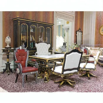 Высококачественный Классический стиль французского барокко, Роскошный дизайн, антикварная резьба по дереву, Черный с золотом Офисный письменный стол 1