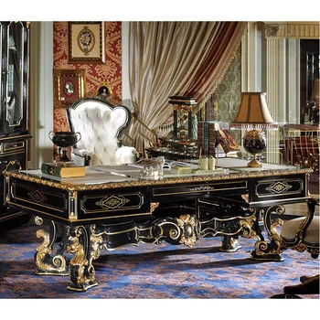 Высококачественный Классический стиль французского барокко, Роскошный дизайн, антикварная резьба по дереву, Черный с золотом Офисный письменный стол 2
