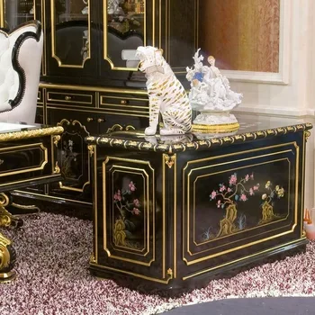 Высококачественный Классический стиль французского барокко, Роскошный дизайн, антикварная резьба по дереву, Черный с золотом Офисный письменный стол 5