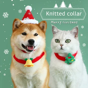 Вязаные ошейники для кошек с милым рисунком Санта Клауса, ошейник-колокольчик для собак, аксессуары для кошек, Праздничный Рождественский ошейник для собак