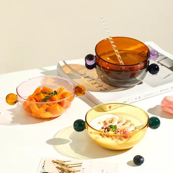 Двойная сферическая ручка, цветная стеклянная чаша для выпечки фруктов, йогурта, овсянки, Миска для завтрака, Индукционная плита, стеклянные чаши с подогревом 0